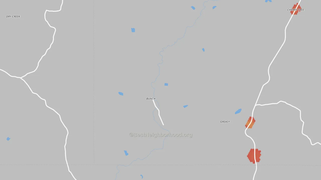 Walk Grade map of Bunch, OK, walkable areas in green and car-dependent areas in red