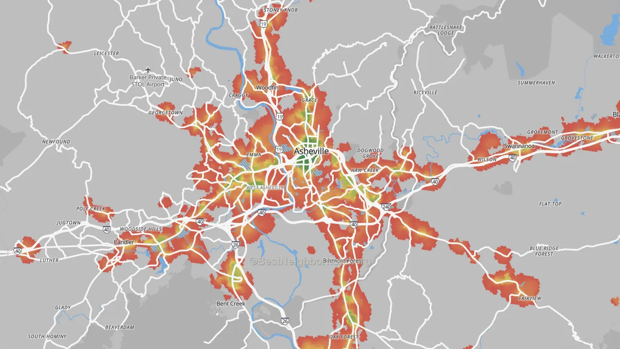 Walk Grade map of Buncombe County, NC, walkable areas in green and car-dependent areas in red