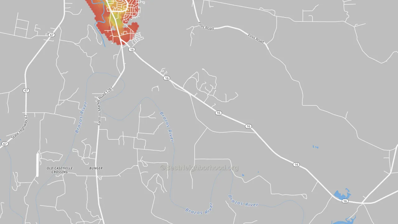 Walk Grade map of Bunger, TX, walkable areas in green and car-dependent areas in red