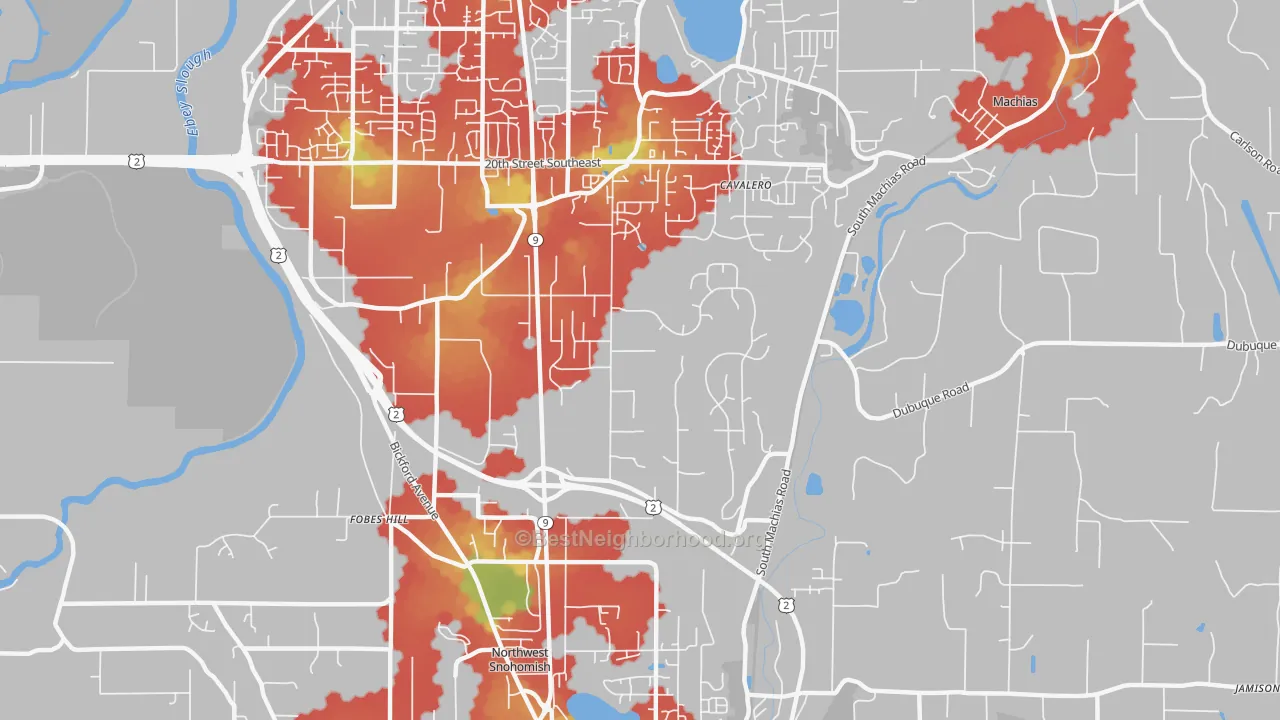 Walk Grade map of Bunk Foss, WA, walkable areas in green and car-dependent areas in red