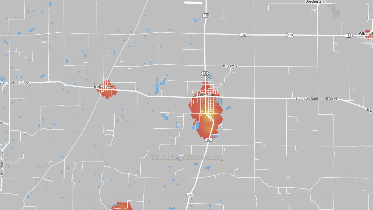Walk Grade map of Bunker Hill, IL, walkable areas in green and car-dependent areas in red