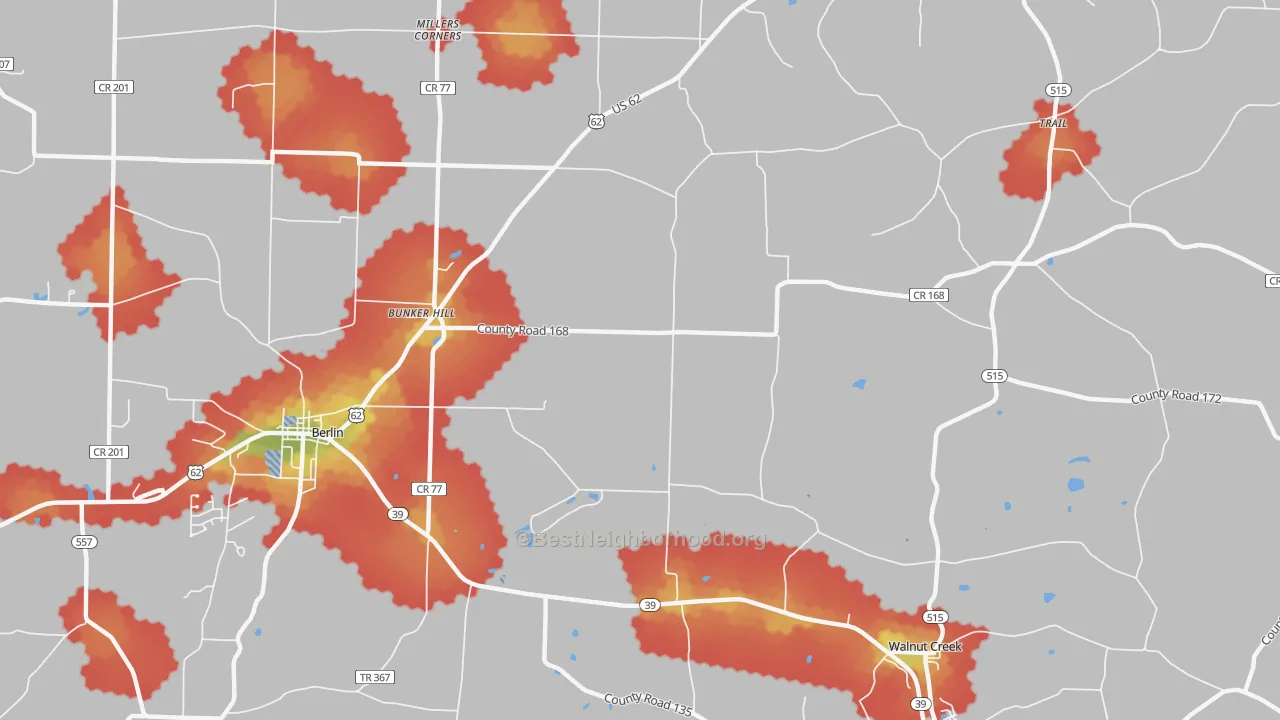 Walk Grade map of Bunker Hill, OH, walkable areas in green and car-dependent areas in red