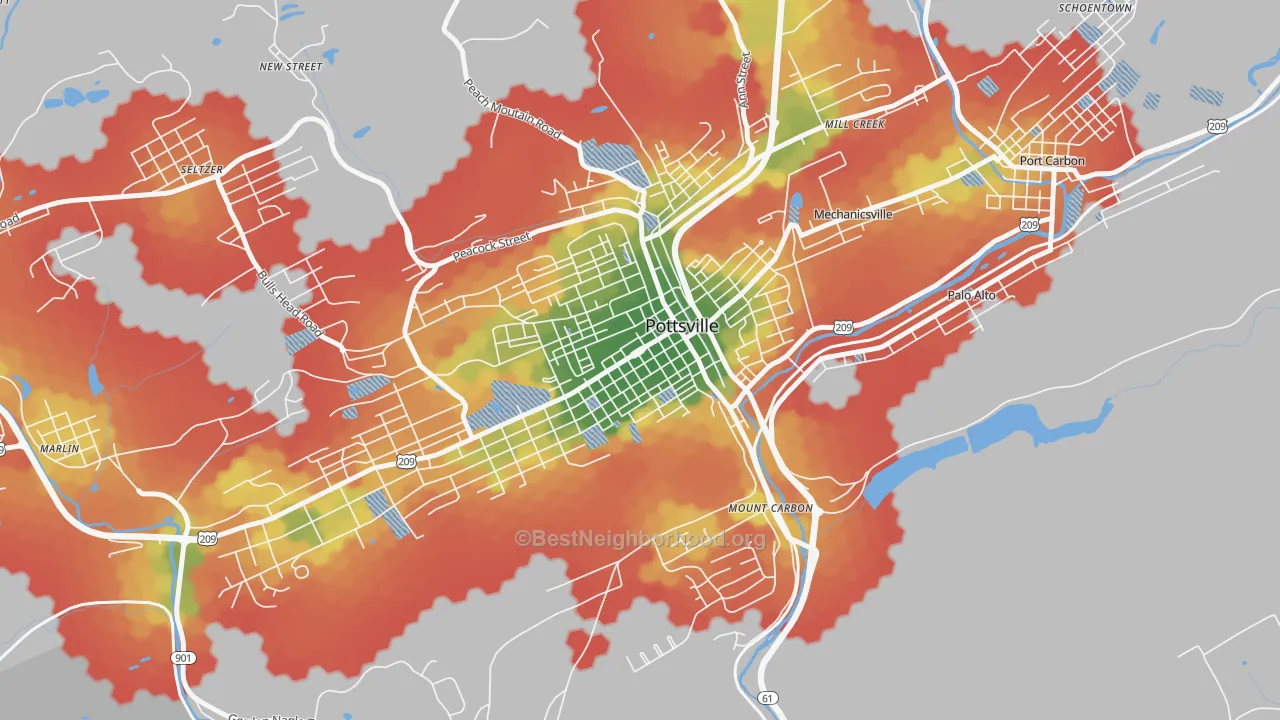 Walk Grade map of Bunker Hill, Pottsville, PA, walkable areas in green and car-dependent areas in red