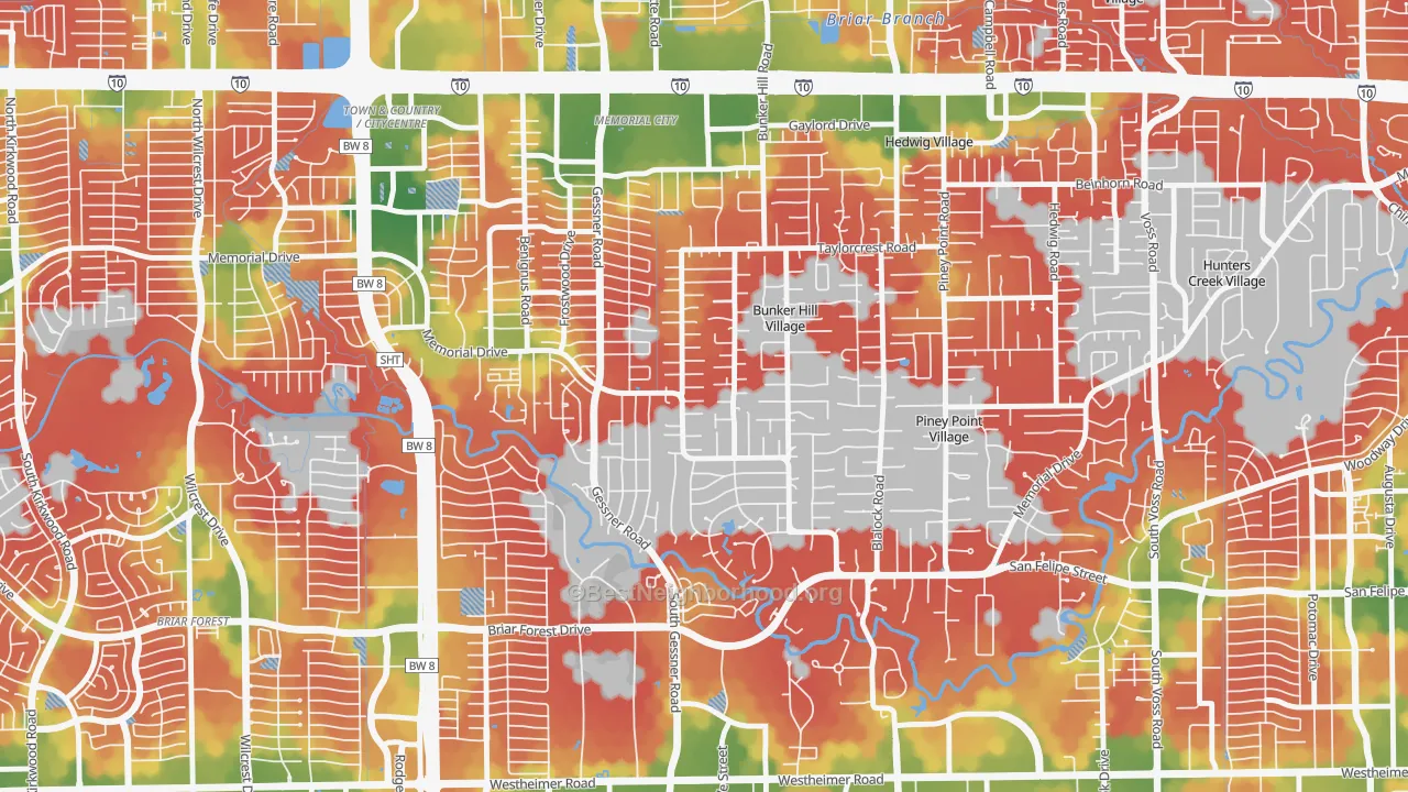 Walk Grade map of Bunker Hill Village, TX, walkable areas in green and car-dependent areas in red