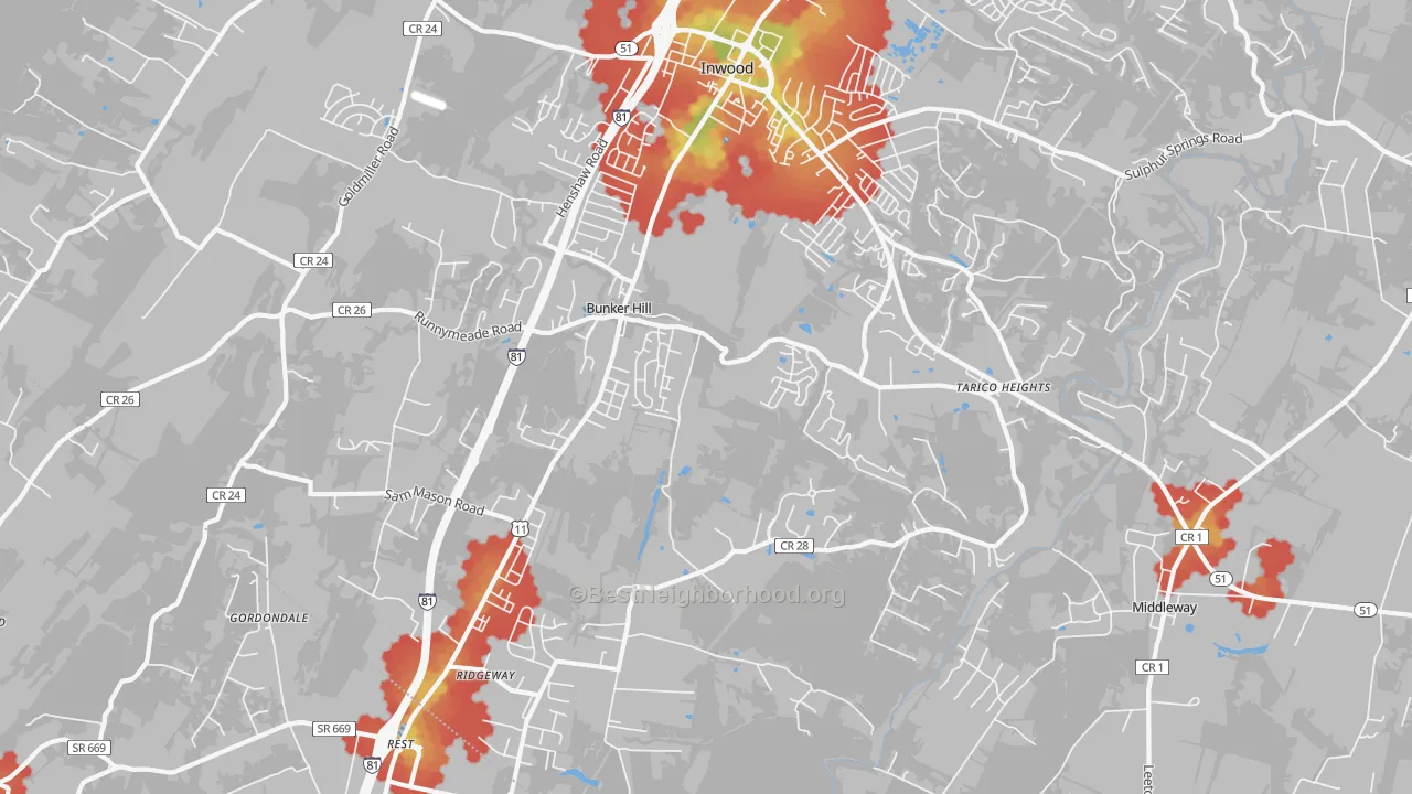 Walk Grade map of Bunker Hill, WV, walkable areas in green and car-dependent areas in red