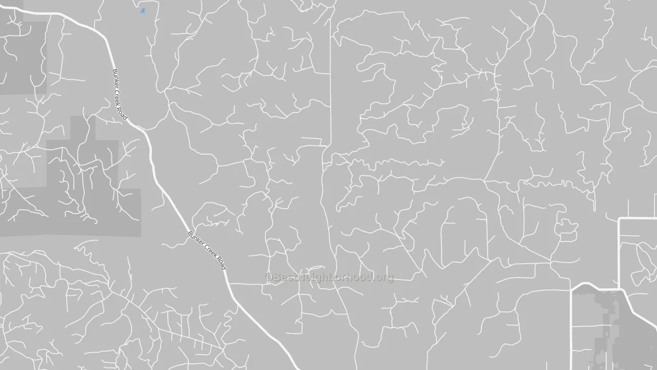 Walk Grade map of Bunker, WA, walkable areas in green and car-dependent areas in red