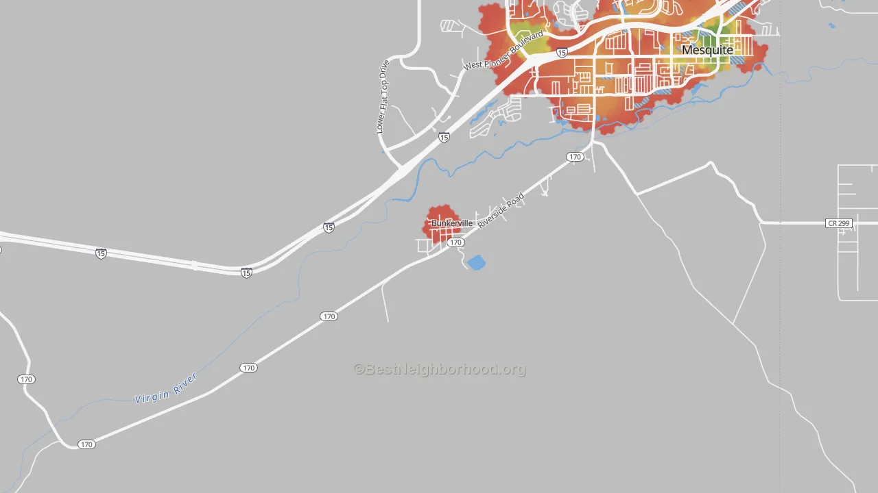 Walk Grade map of Bunkerville, NV, walkable areas in green and car-dependent areas in red