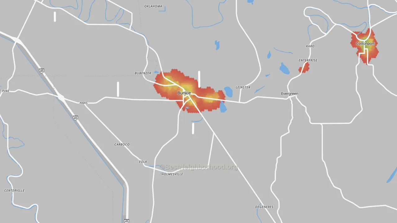 Walk Grade map of Bunkie, LA, walkable areas in green and car-dependent areas in red