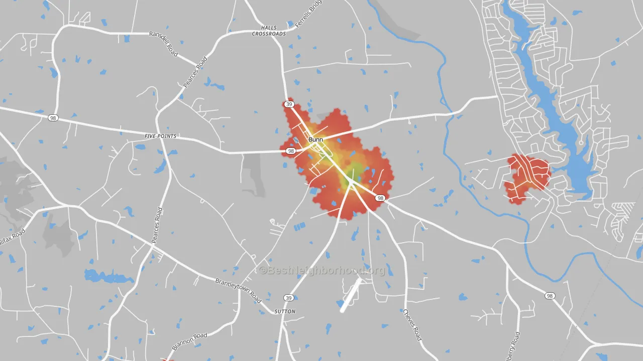 Walk Grade map of Bunn, NC, walkable areas in green and car-dependent areas in red