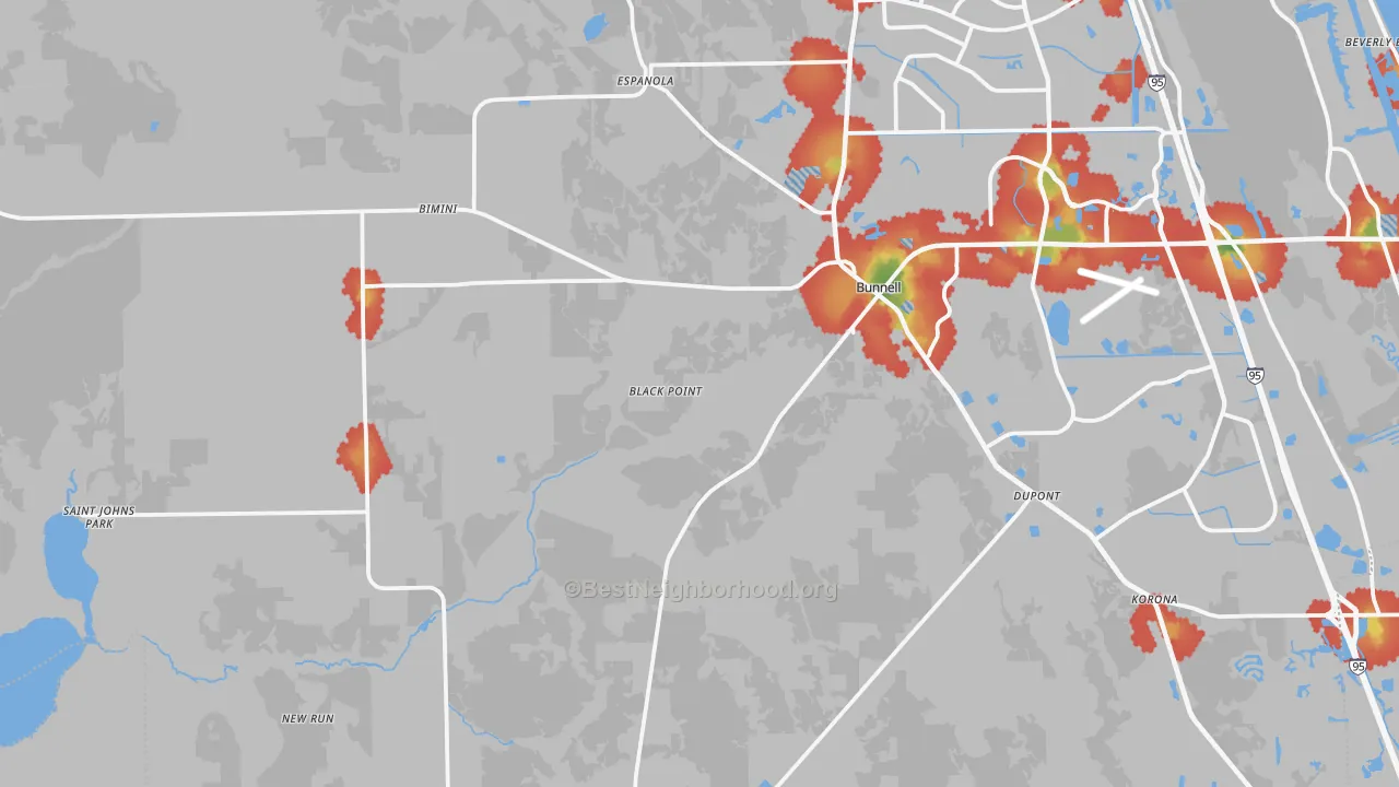 Walk Grade map of Bunnell, FL, walkable areas in green and car-dependent areas in red