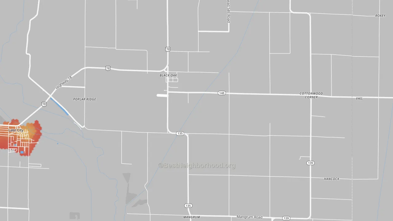 Walk Grade map of Bunney, AR, walkable areas in green and car-dependent areas in red