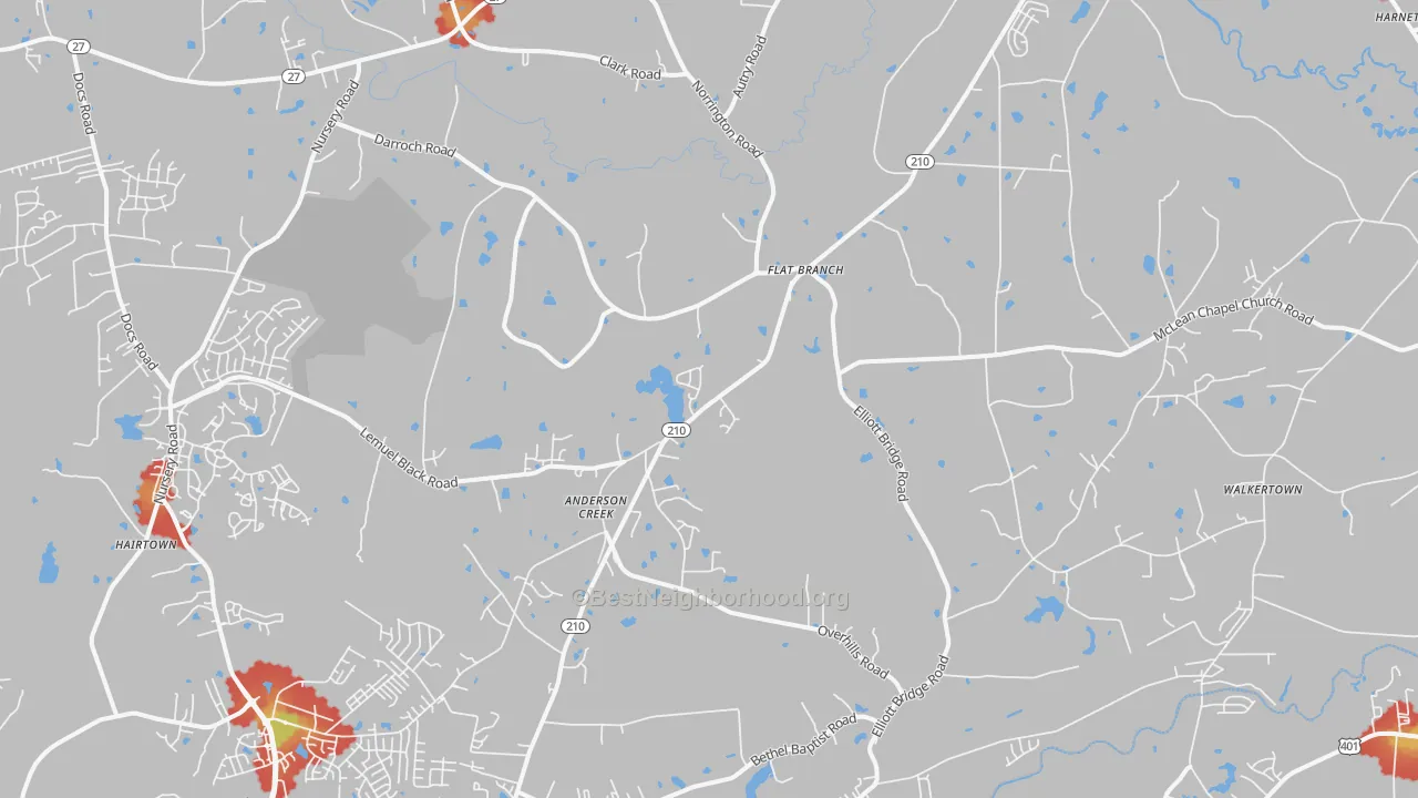 Walk Grade map of Bunnlevel, NC, walkable areas in green and car-dependent areas in red