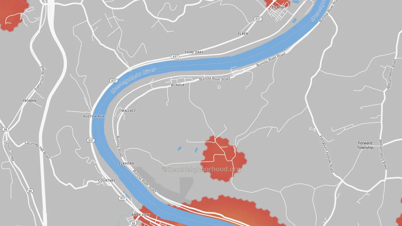 Walk Grade map of Bunola, PA, walkable areas in green and car-dependent areas in red