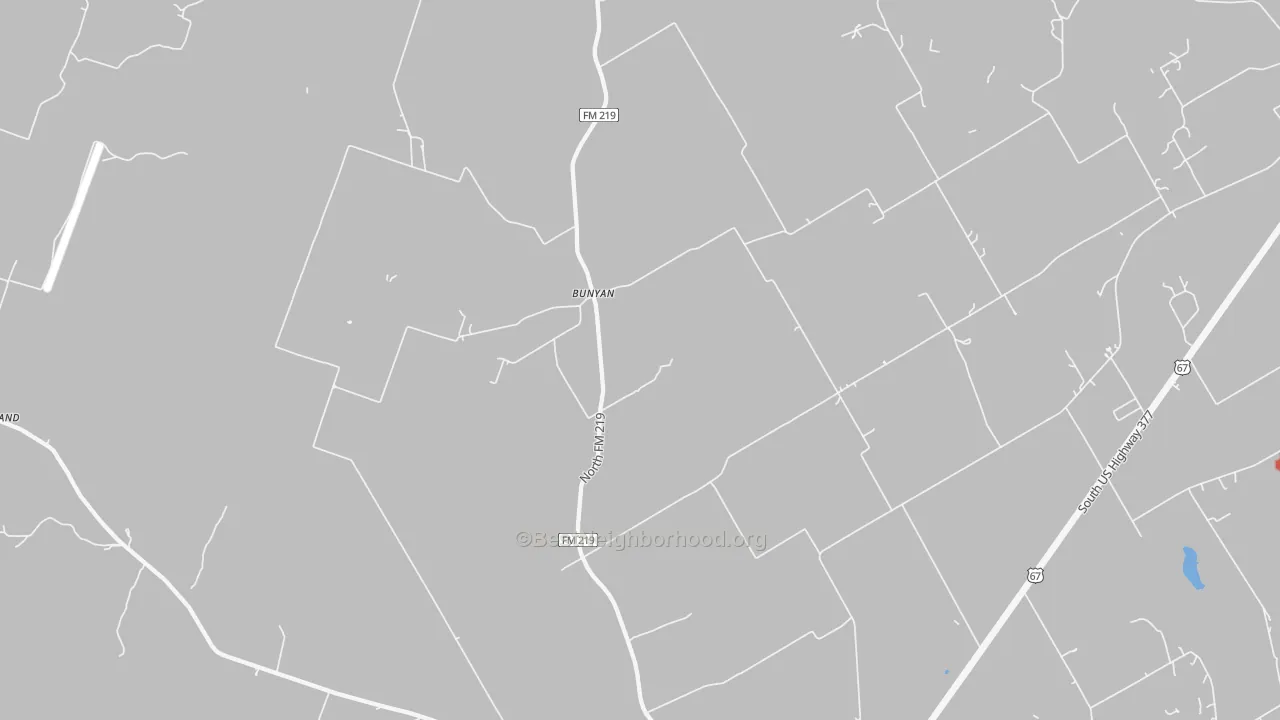 Walk Grade map of Bunyan, TX, walkable areas in green and car-dependent areas in red