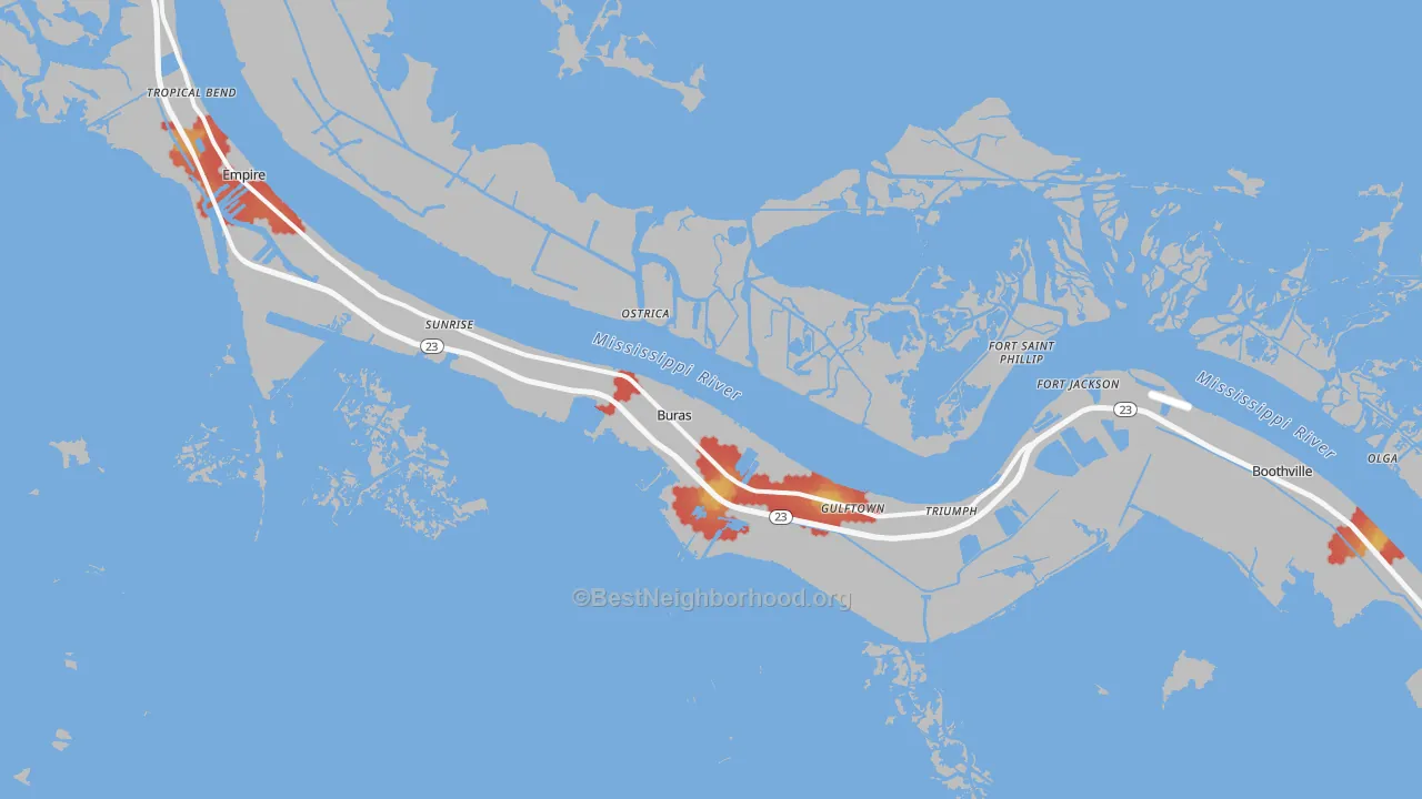 Walk Grade map of Buras, LA, walkable areas in green and car-dependent areas in red
