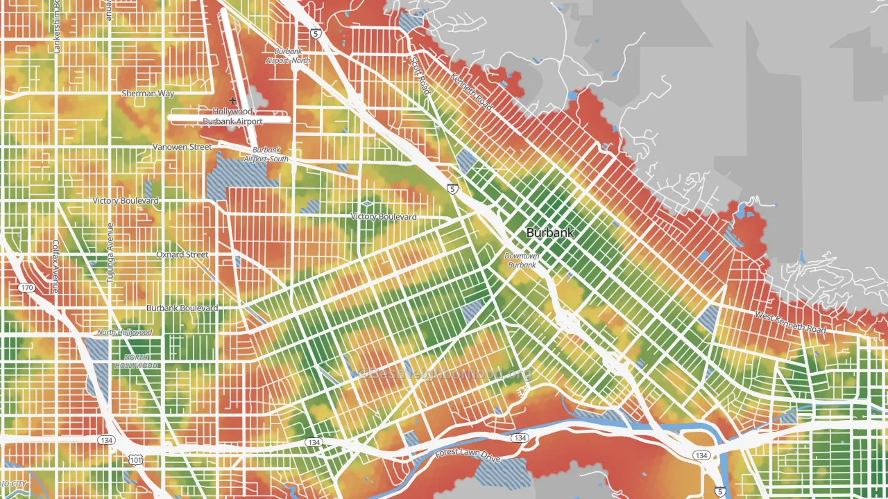 Walk Grade map of Burbank, CA, walkable areas in green and car-dependent areas in red