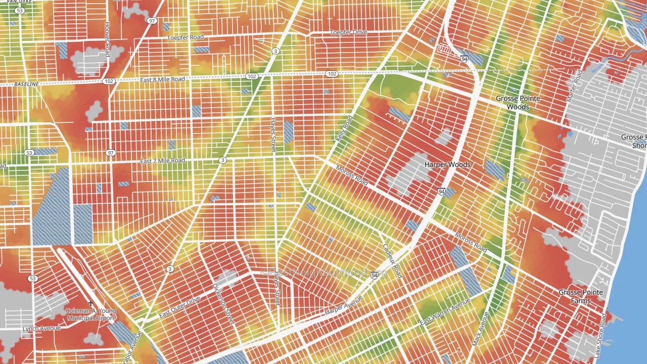 Walk Grade map of Burbank, Detroit, MI, walkable areas in green and car-dependent areas in red