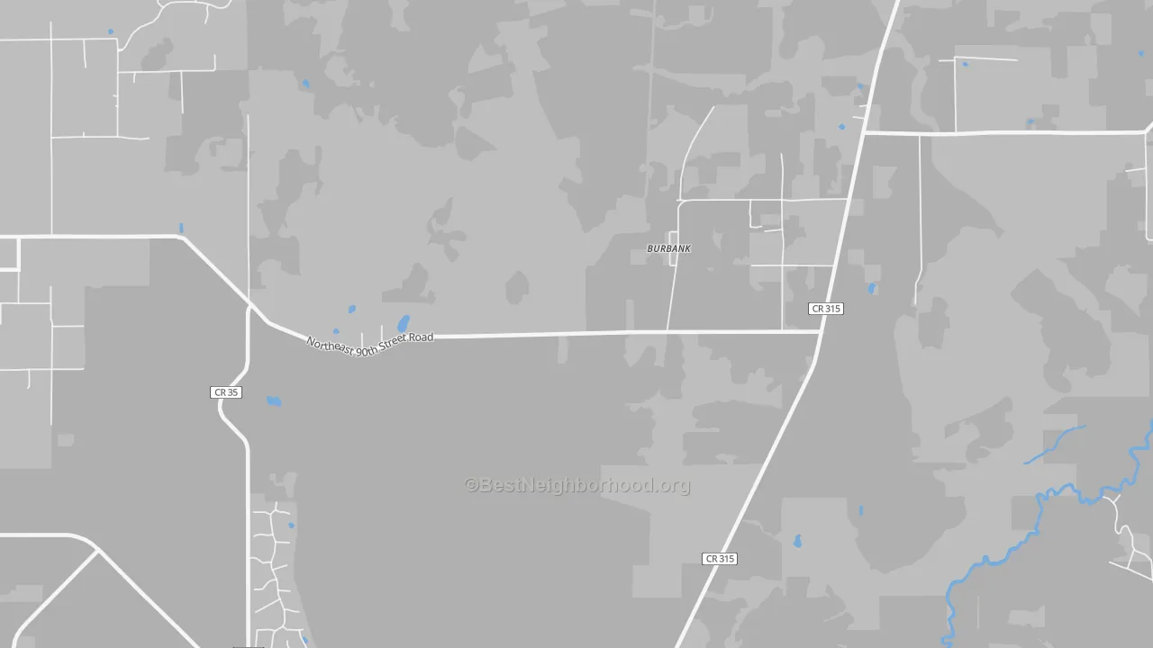 Walk Grade map of Burbank, FL, walkable areas in green and car-dependent areas in red