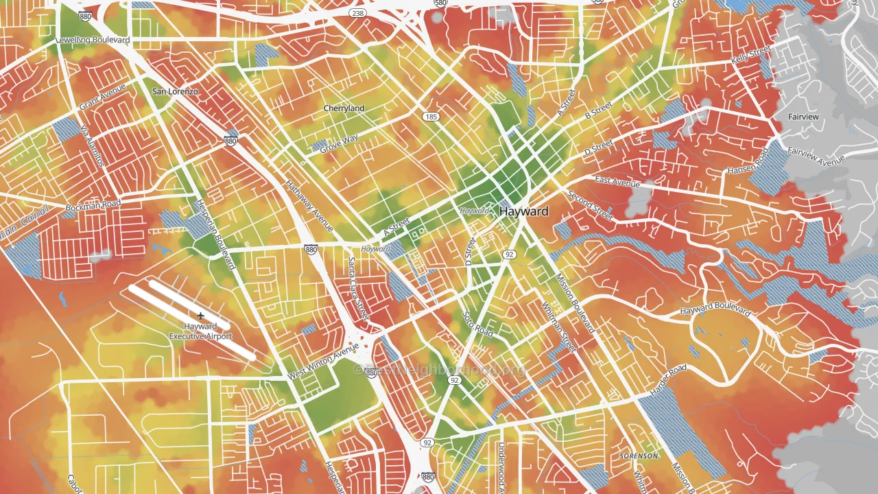 Walk Grade map of Burbank-Hayward, Hayward, CA, walkable areas in green and car-dependent areas in red