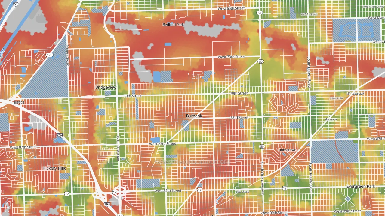 Walk Grade map of Burbank, IL, walkable areas in green and car-dependent areas in red