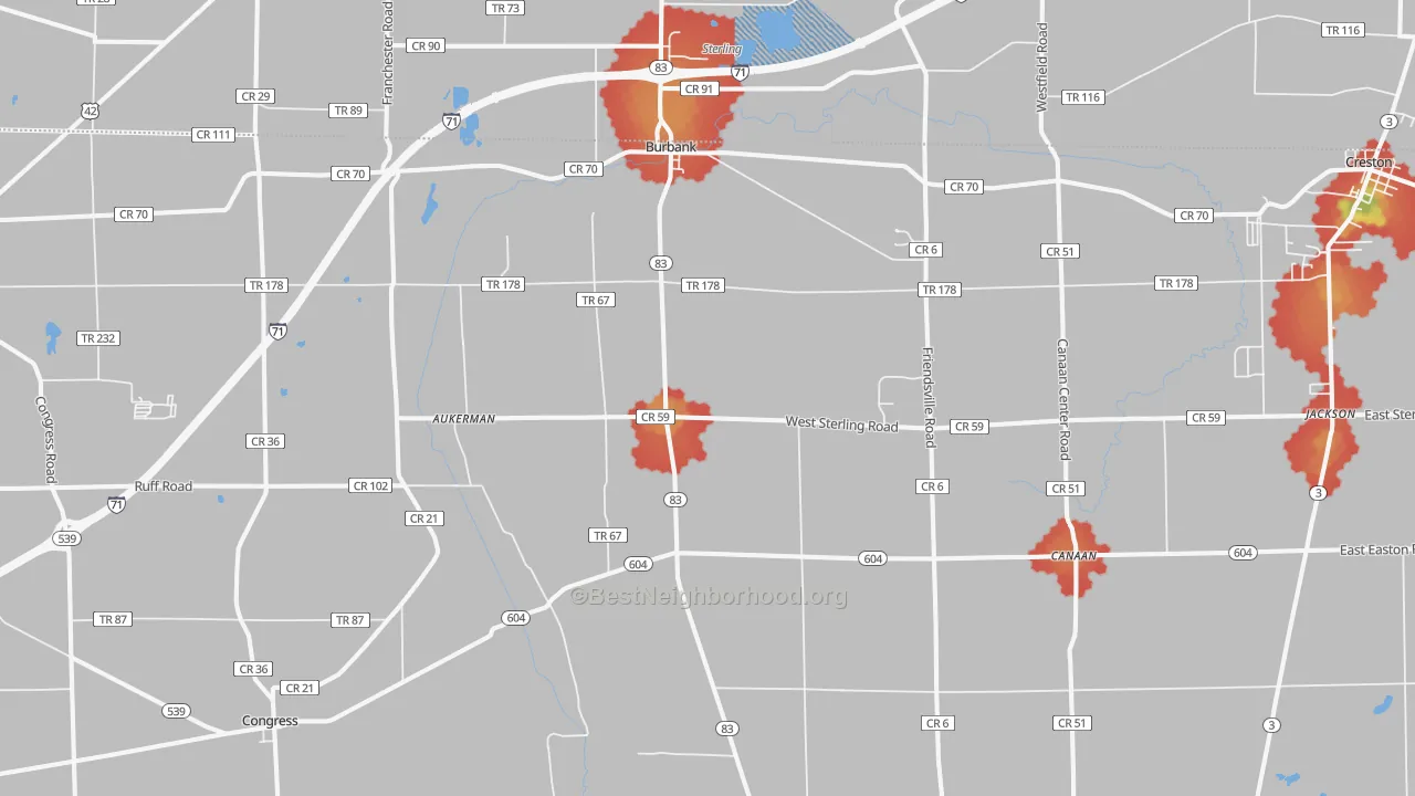 Walk Grade map of Burbank, OH, walkable areas in green and car-dependent areas in red