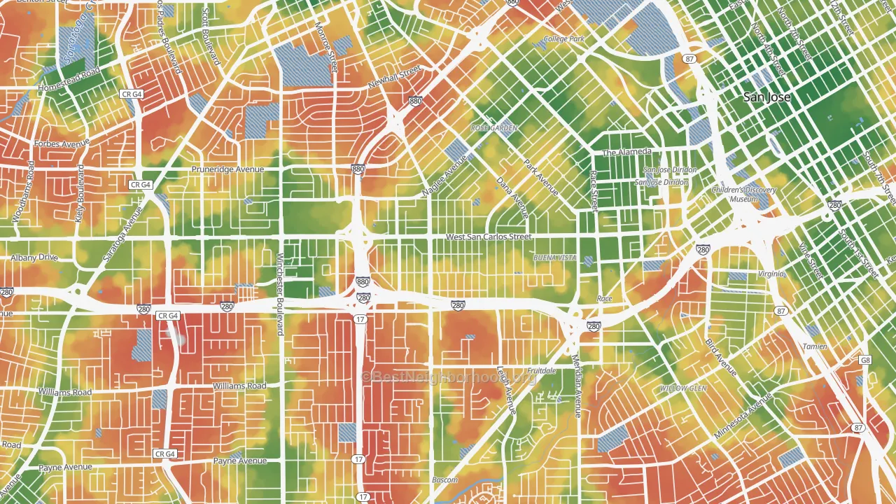 Walk Grade map of Burbank, San Jose, CA, walkable areas in green and car-dependent areas in red