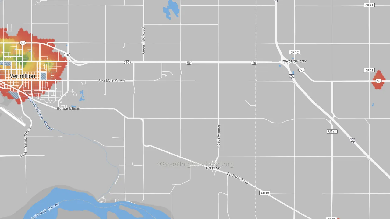 Walk Grade map of Burbank, SD, walkable areas in green and car-dependent areas in red
