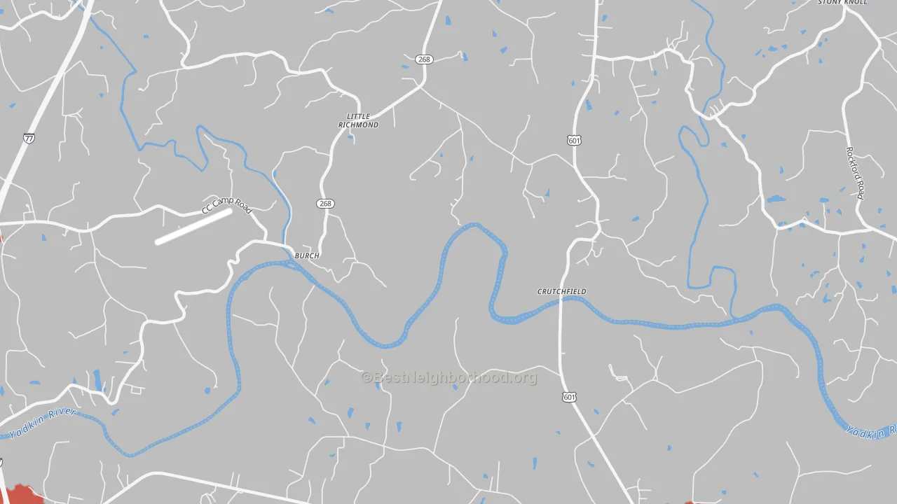 Walk Grade map of Burch, NC, walkable areas in green and car-dependent areas in red