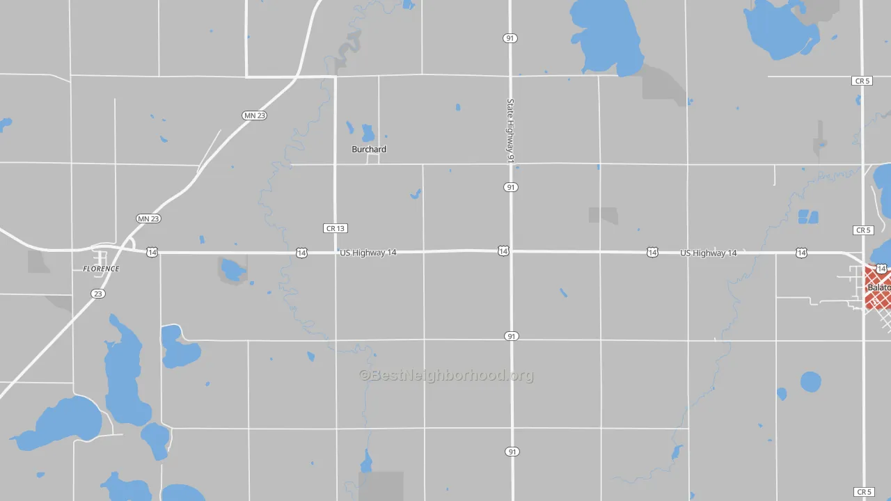 Walk Grade map of Burchard, MN, walkable areas in green and car-dependent areas in red