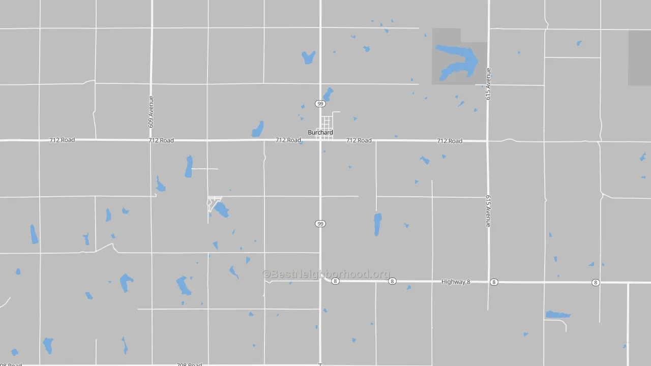 Walk Grade map of Burchard, NE, walkable areas in green and car-dependent areas in red