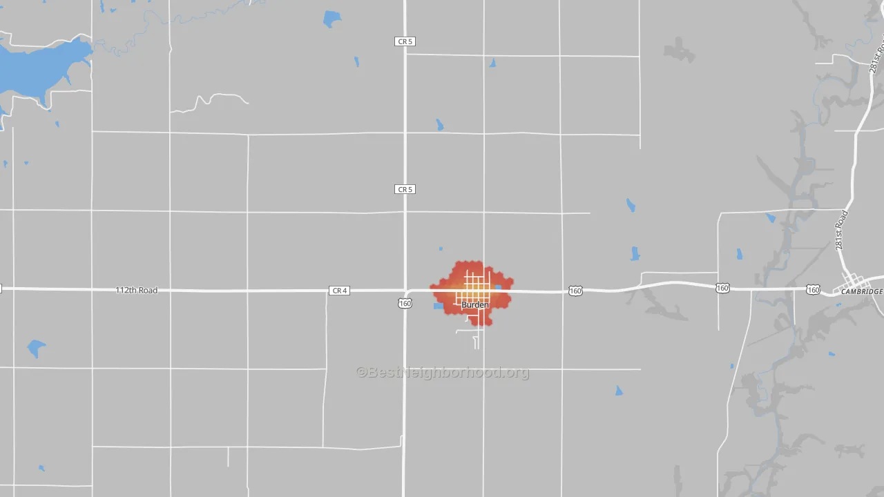 Walk Grade map of Burden, KS, walkable areas in green and car-dependent areas in red
