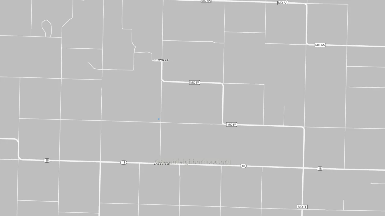 Walk Grade map of Burdett, MO, walkable areas in green and car-dependent areas in red