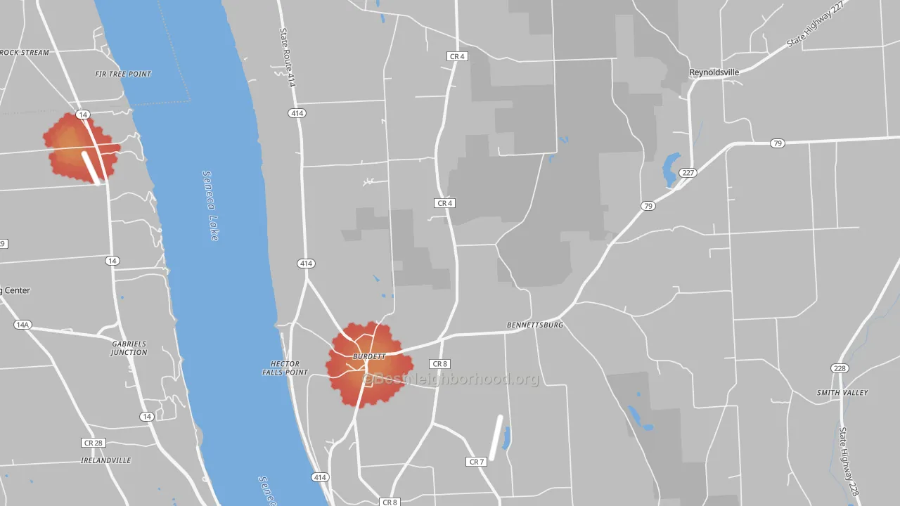 Walk Grade map of Burdett, NY, walkable areas in green and car-dependent areas in red