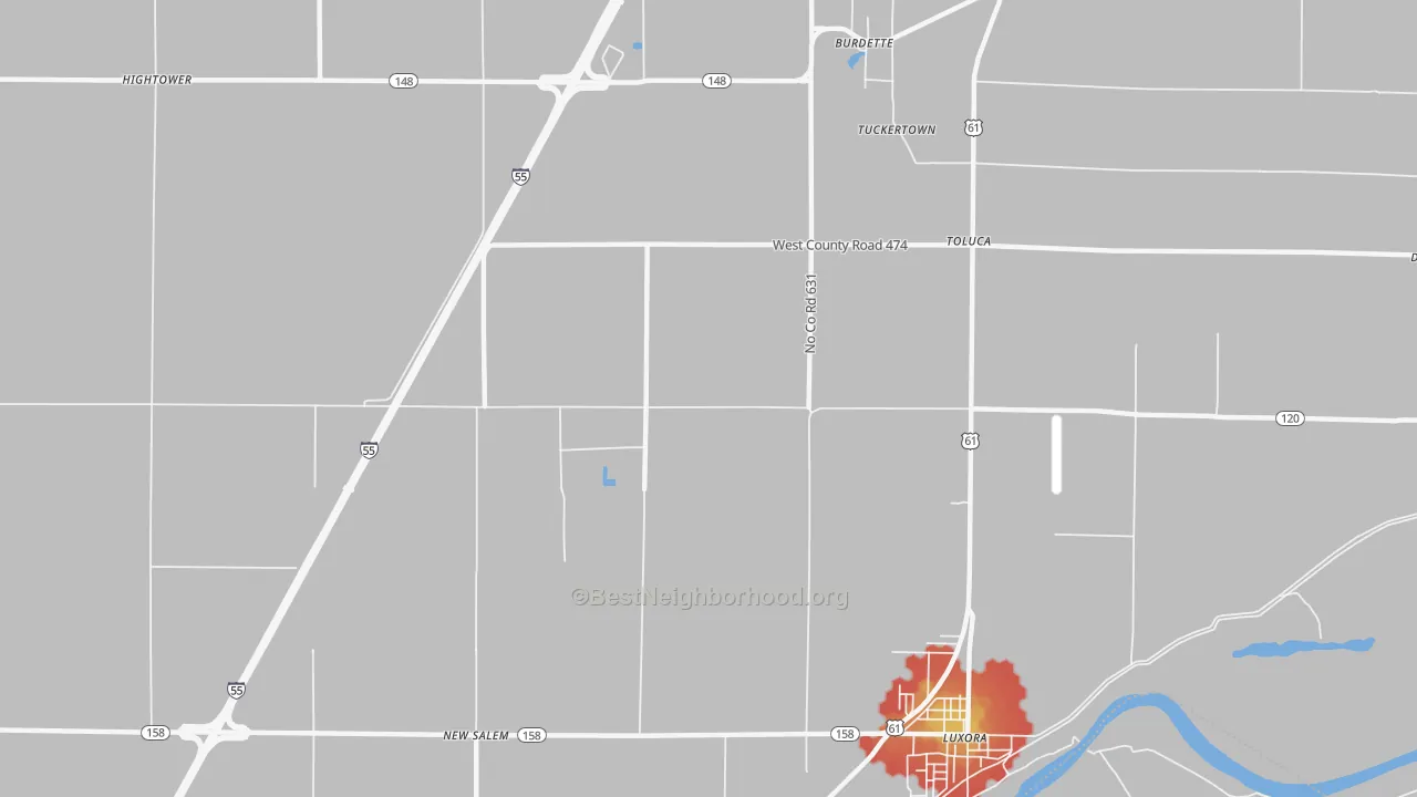 Walk Grade map of Burdette, AR, walkable areas in green and car-dependent areas in red