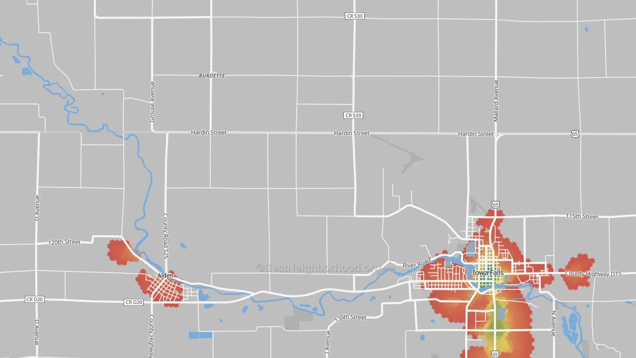 Walk Grade map of Burdette, IA, walkable areas in green and car-dependent areas in red