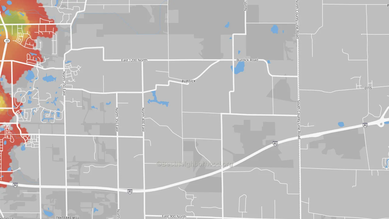 Walk Grade map of Burdick, IN, walkable areas in green and car-dependent areas in red