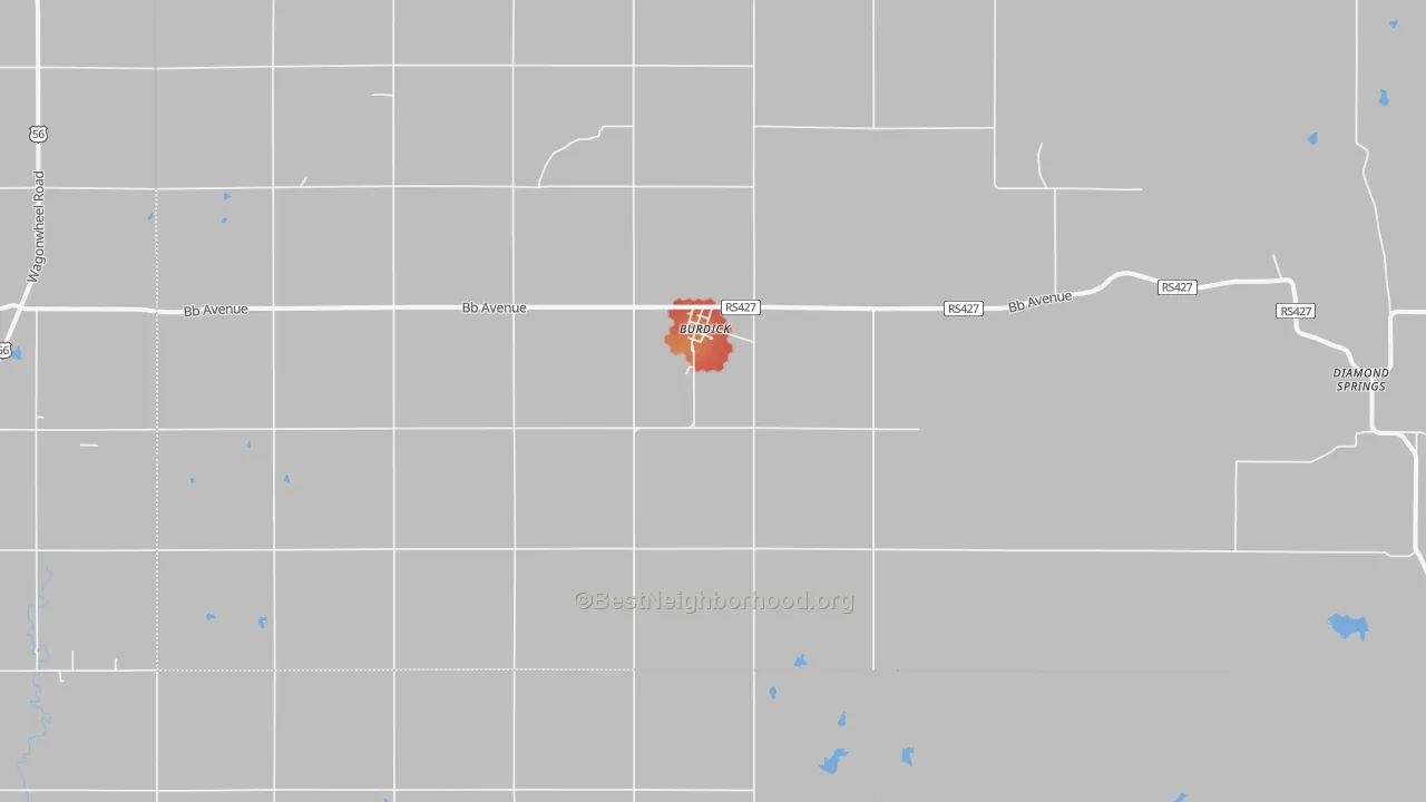 Walk Grade map of Burdick, KS, walkable areas in green and car-dependent areas in red
