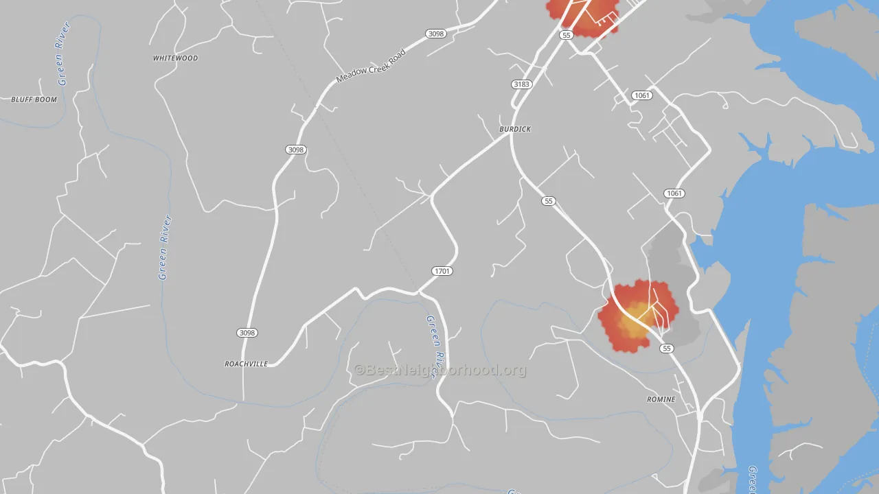 Walk Grade map of Burdick, KY, walkable areas in green and car-dependent areas in red