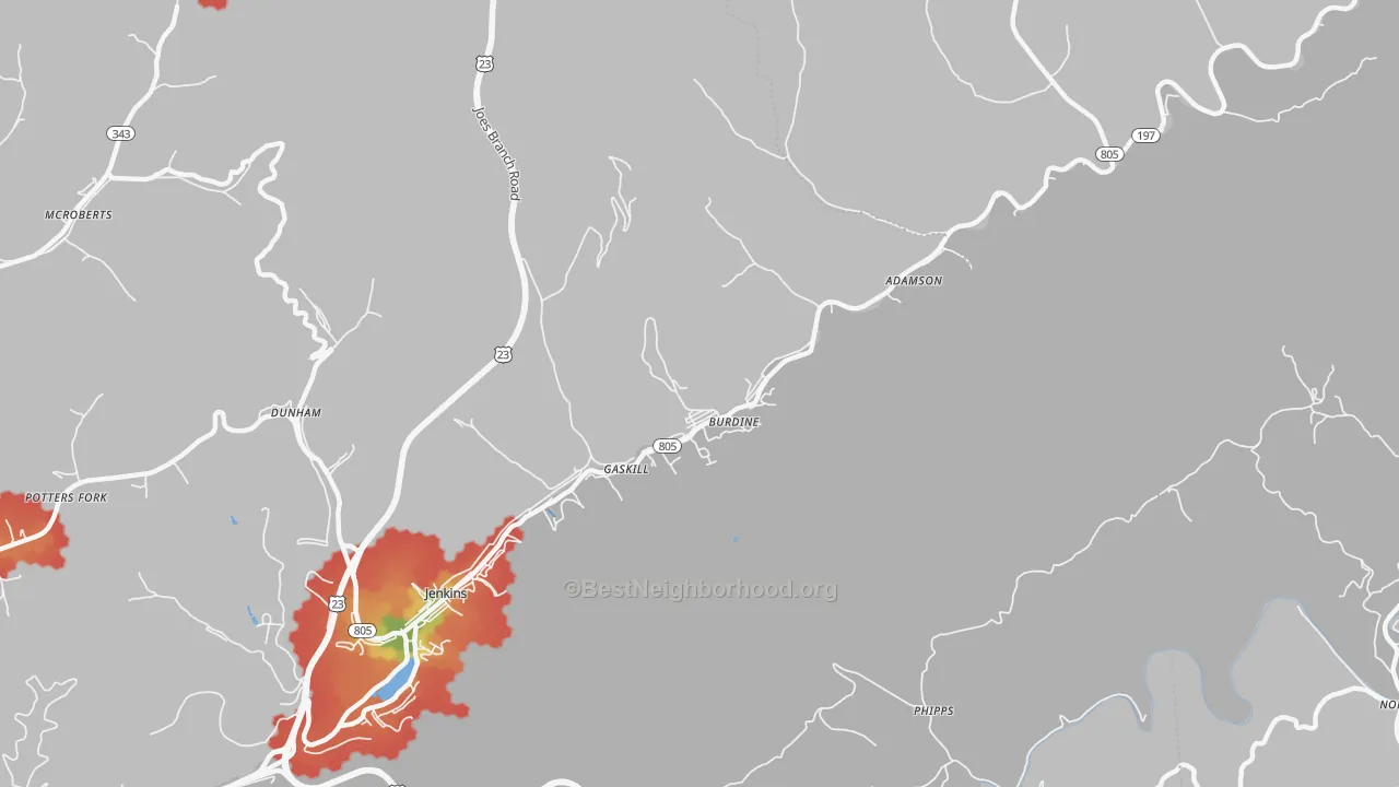 Walk Grade map of Burdine, KY, walkable areas in green and car-dependent areas in red