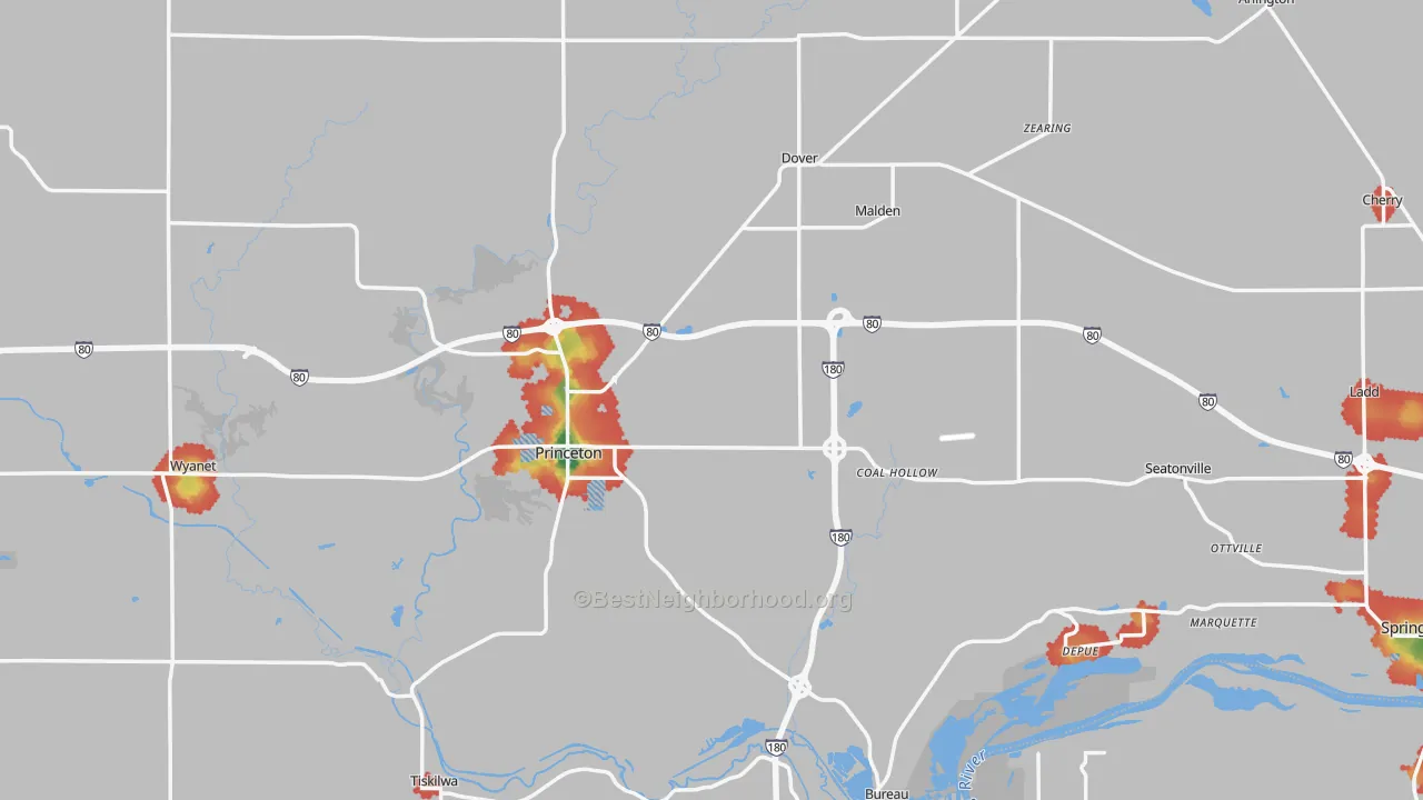 Walk Grade map of Bureau County, IL, walkable areas in green and car-dependent areas in red