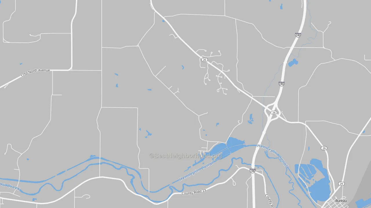 Walk Grade map of Bureau, IL, walkable areas in green and car-dependent areas in red