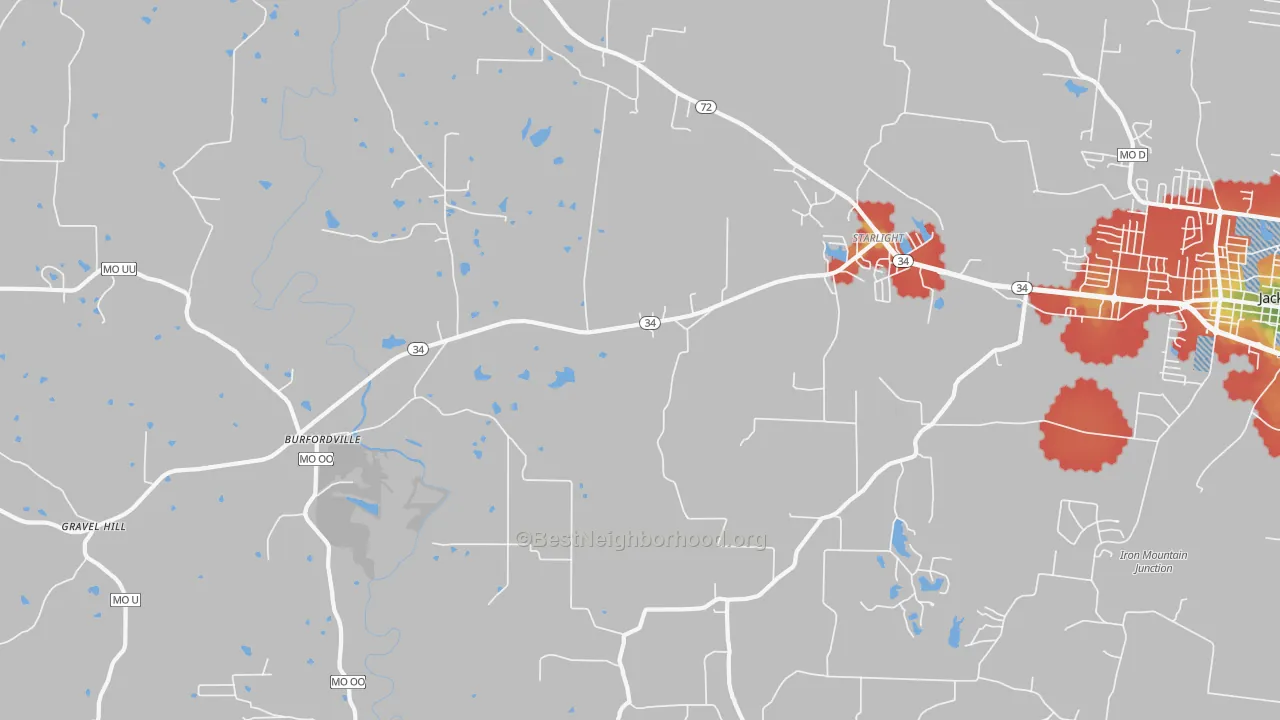 Walk Grade map of Burfordville, MO, walkable areas in green and car-dependent areas in red