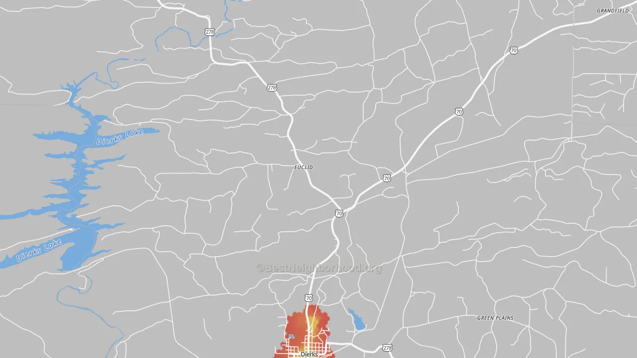 Walk Grade map of Burg, AR, walkable areas in green and car-dependent areas in red