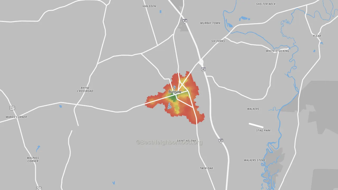 Walk Grade map of Burgaw, NC, walkable areas in green and car-dependent areas in red