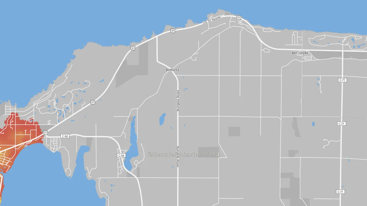 Walk Grade map of Burgess, MI, walkable areas in green and car-dependent areas in red