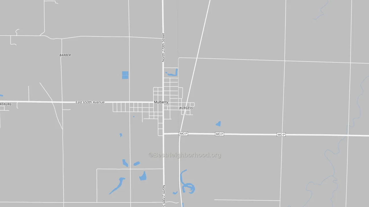Walk Grade map of Burgess, MO, walkable areas in green and car-dependent areas in red