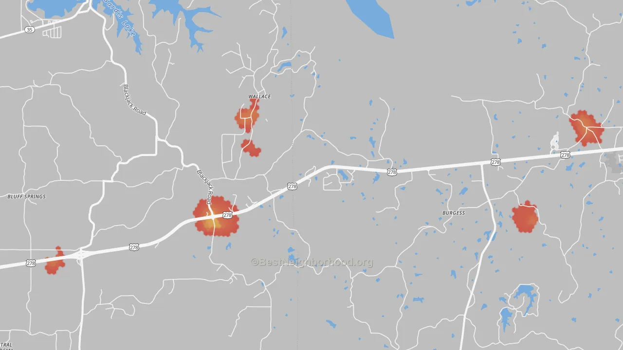 Walk Grade map of Burgess, MS, walkable areas in green and car-dependent areas in red