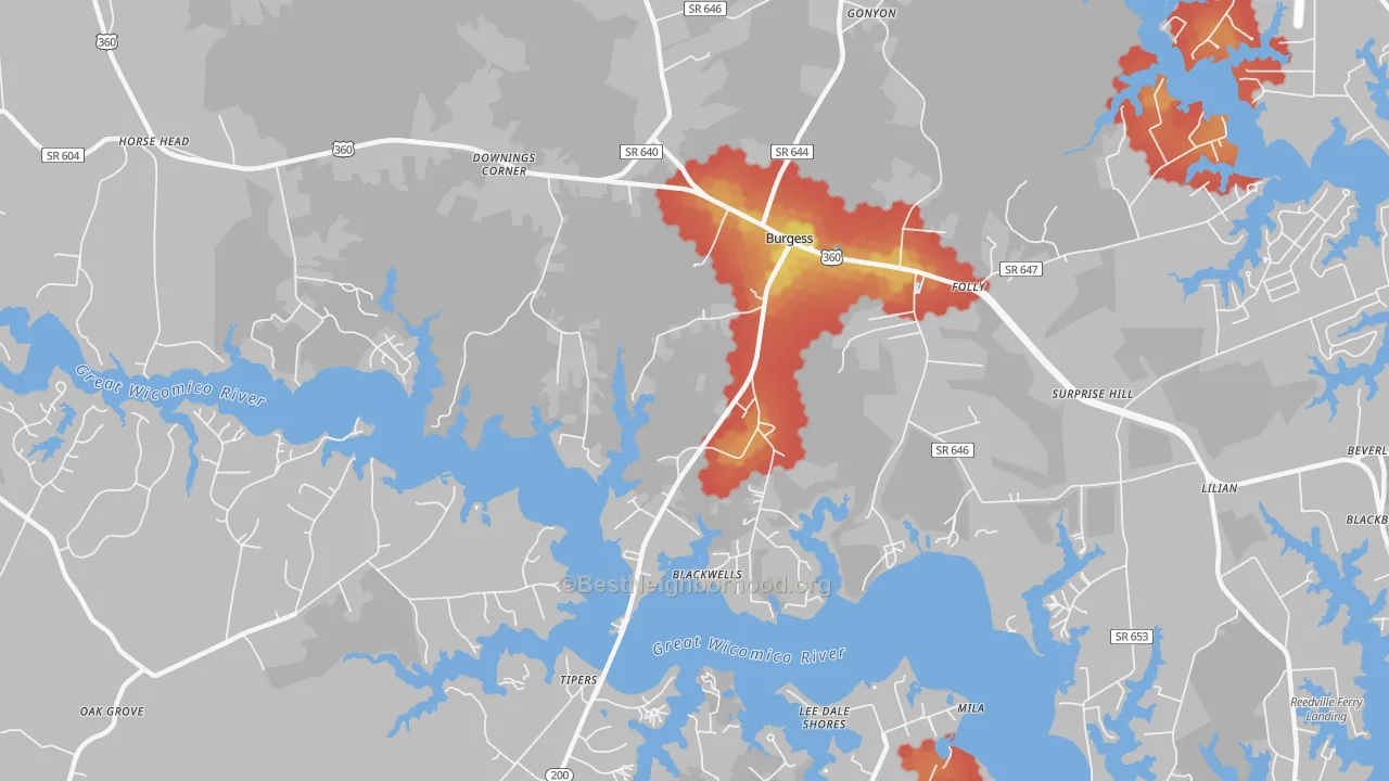 Walk Grade map of Burgess, VA, walkable areas in green and car-dependent areas in red