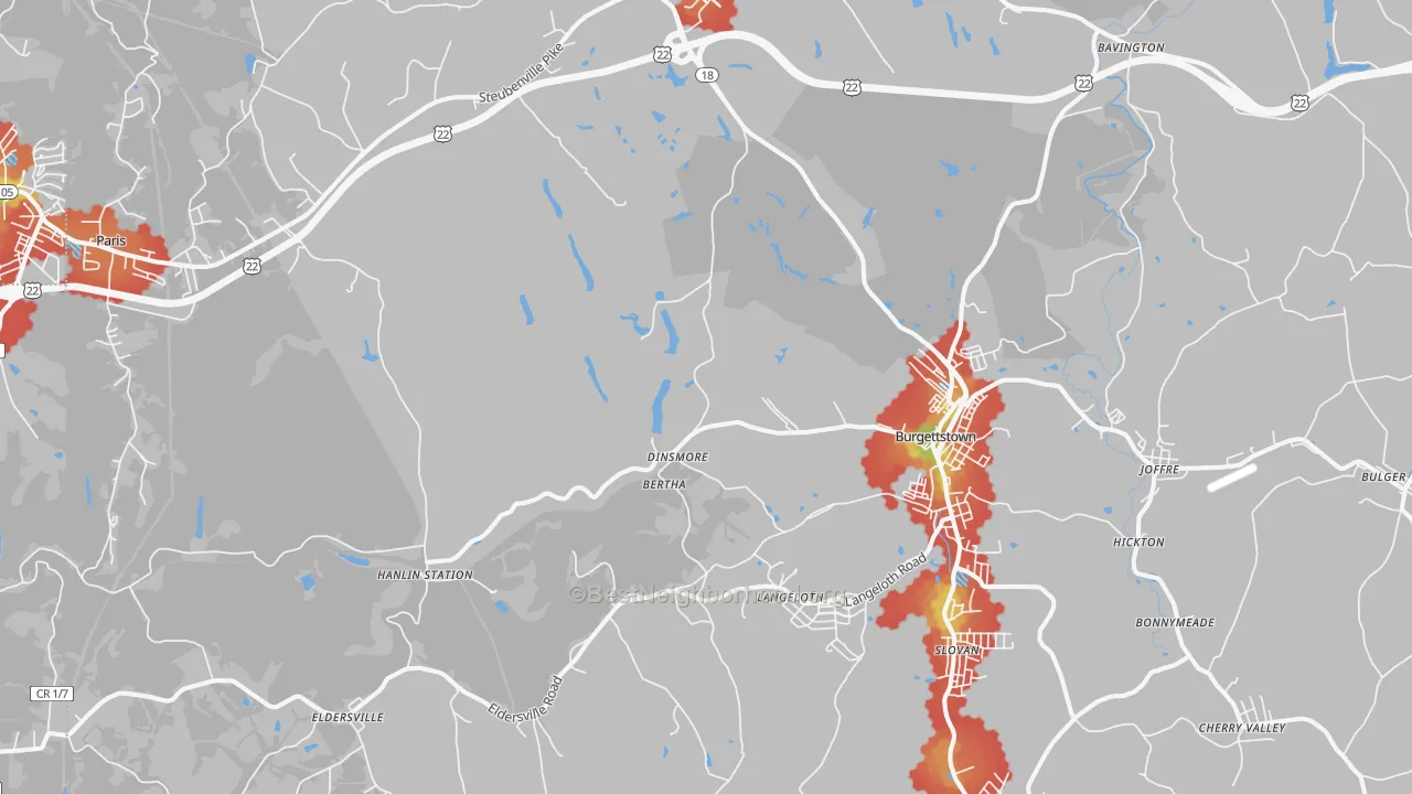 Walk Grade map of Burgettstown, PA, walkable areas in green and car-dependent areas in red