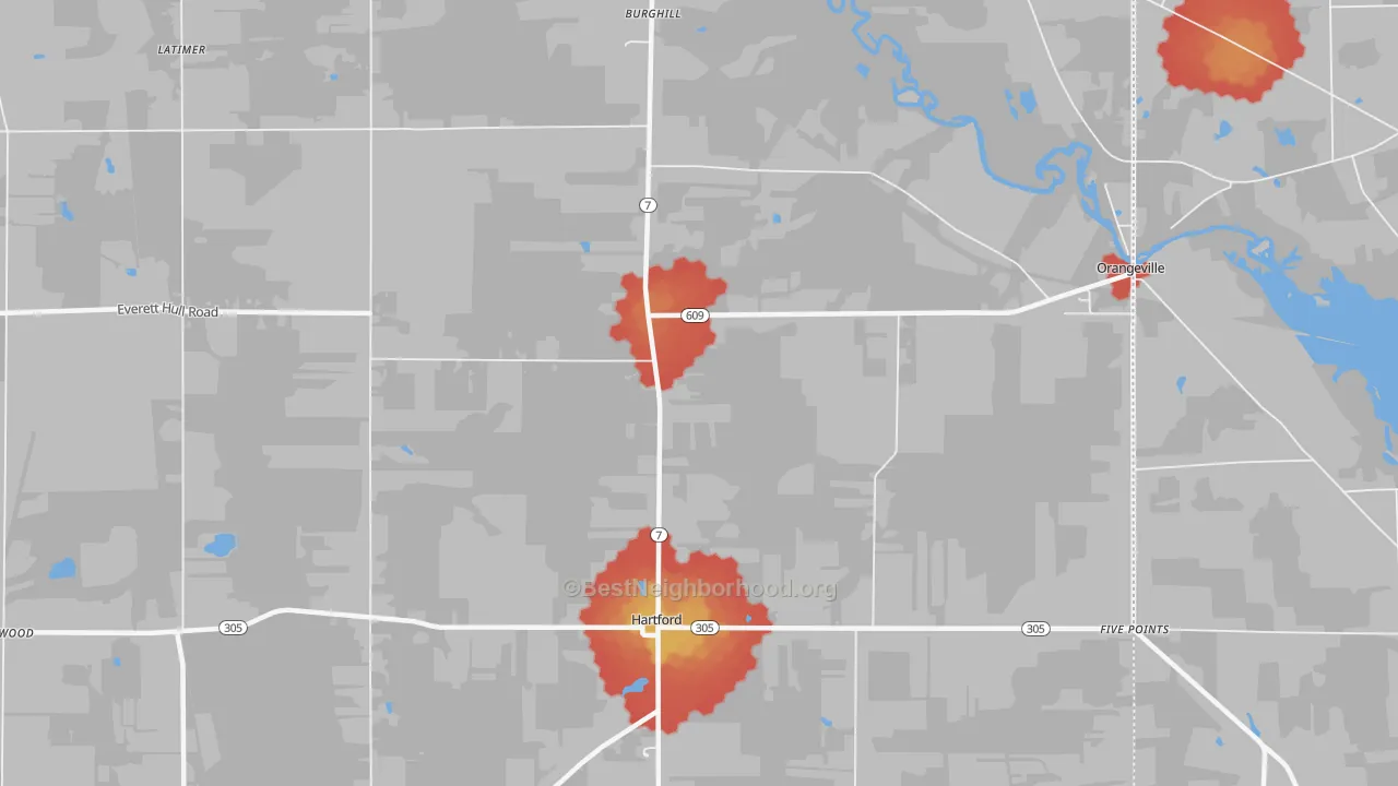 Walk Grade map of Burghill, OH, walkable areas in green and car-dependent areas in red